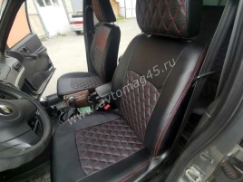 Авточехлы  Нива Шевроле Niva 2014-2020г Нива Travel с 2020г экокожа черная с красной ниткой ромб