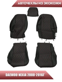 Авточехлы  Daewoo Nexia Дэу Нексиа 2008-2016г экокожа черная красная нить ромб  
