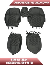 Авточехлы  Renault Logan Рено Логан 2004-2016г экокожа черная серая нить ромб   