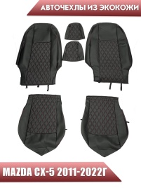 Авточехлы  Mazda CX-5 Мазда СХ-5 низ 1/1 верх 3/3 экокожа черная с красной ниткой ромб   