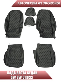 Авточехлы  Lada Vesta Лада Веста седан SW SW Cross экокожа черный ромб черная нить Барс  