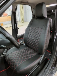 Авточехлы  Лада Granta Гранта до 08.2018г 1/1 2/3 экокожа черная с красной ниткой ромб   