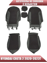 Авточехлы  Hyundai Creta 2 Хендай Крета 2 2020-2022г экокожа вельвет черная красная нить ромб    