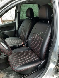 Авточехлы  Datsun Датсун 1/1 2/3 экокожа черная красная нить ромб   