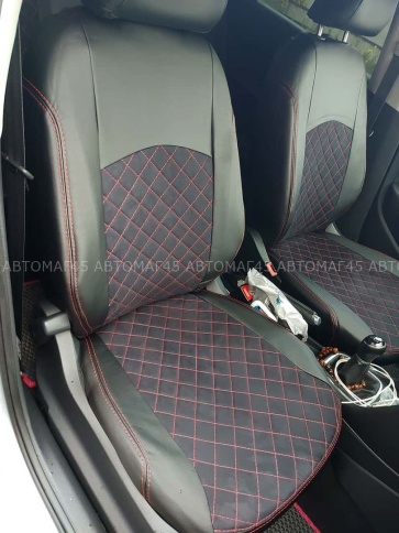 Авточехлы  Volkswagen Polo Поло седан 2/3 2010-2020г экокожа алькантара черная нить красная Ромб    фото 4