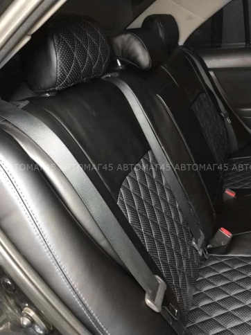 Авточехлы  Toyota Avensis Тойота Авенсис 2 поколение 2002-2009г экокожа черная серая нить ромб    фото 5