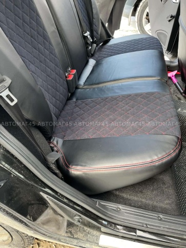 Авточехлы  Лада Granta Гранта  1/1 с 08.2018г экокожа алькантара черная с красной ниткой ромб фото 7