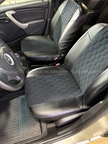 Авточехлы  Renault Logan Рено Логан 2004-2016г экокожа алькантара черная синяя нить соты    фото 2