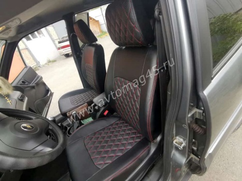 Авточехлы  Нива Шевроле Niva до 2014г экокожа черный с красной ниткой ромб    фото 1