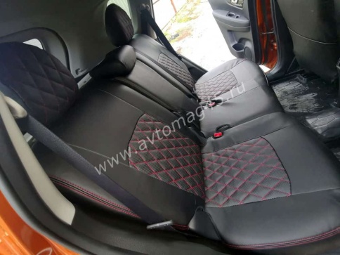 Авточехлы  Nissan X-Trail Ниссан Х-Трейл 2007-2014г кузов T31 экокожа черная красная нить ромб    фото 4