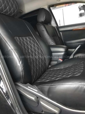 Авточехлы  Toyota Avensis Тойота Авенсис 2 поколение 2002-2009г экокожа черная серая нить ромб    фото 2