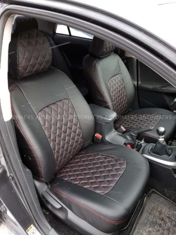 Авточехлы  Toyota Corolla Тойота Королла 2007-2013г кузов 150 экокожа черная нить красная ромб    фото 5