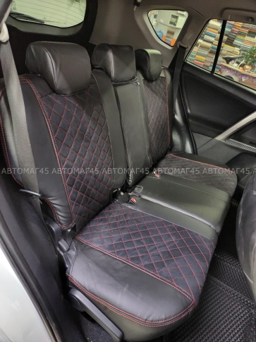 Авточехлы  Toyota RAV4 Тойота Рав4 2018-2025г XA50 экокожа алькантара черная красная нить ромб    фото 3