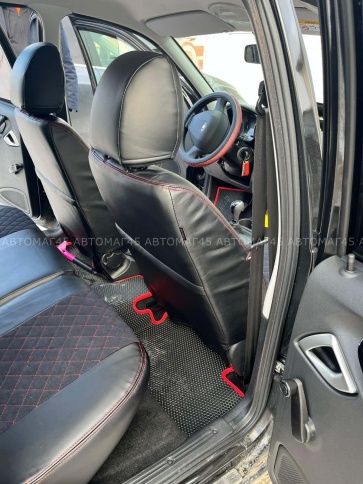 Авточехлы  Datsun Датсун 1/1 2/3 экокожа алькантара черная красная нить ромб    фото 2