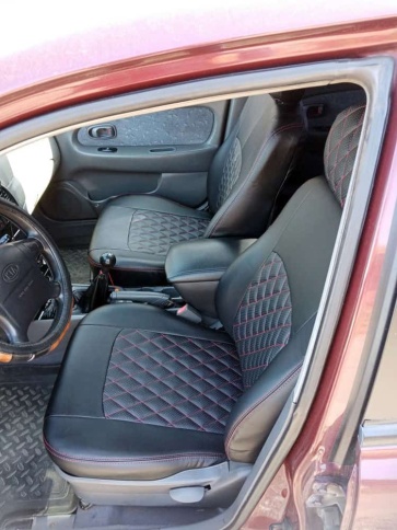 Авточехлы  Kia Spectra Киа Спектра 2004-2011г экокожа черная серая нить ромб    фото 3