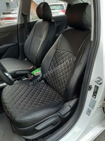 Авточехлы  Kia Rio с 2017г Rio X-Line с 2017г Hyundai Solaris c 2017г экокожа черная красн.нить ромб фото 1