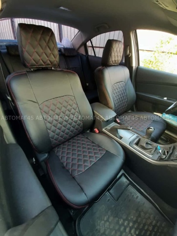 Авточехлы  Mazda 6 Мазда 6 2012-2022г экокожа черная красная нить ромб    фото 2