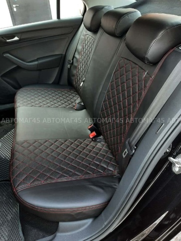 Авточехлы  Skoda Rapid Шкода Рапид 2012-2023г 1/1 экокожа черная красная нить ромб    фото 4
