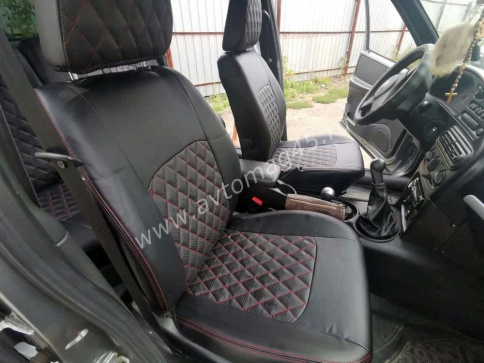 Авточехлы  Нива Шевроле Niva до 2014г экокожа черный с красной ниткой ромб    фото 5