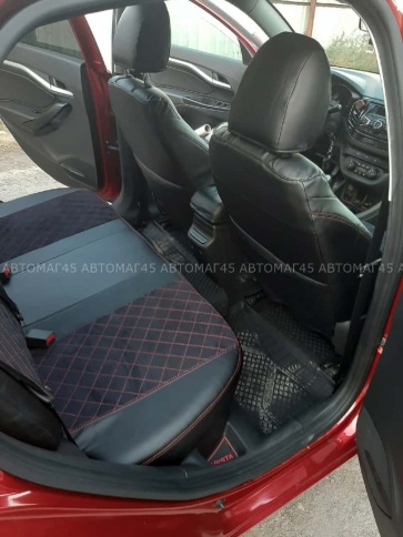 Авточехлы  Lada Vesta Лада Веста седан SW SW Cross экокожа алькантара черная с красной ниткой ромб   фото 7