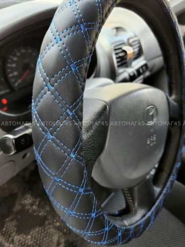 C2R  оплетка руля кожа черная двойной ромб синяя нитка размер 37-39см М С504   фото 3