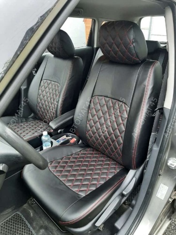 Авточехлы  Kia Soul Киа Соул 2008-2014г 1 поколение экокожа черная красная нить ромб фото 1