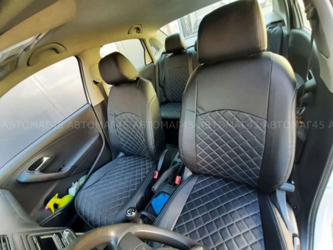 Авточехлы  Volkswagen Polo Фольцваген Поло седан 2/3 2010-2020г экокожа черная нить серая Ромб    фото 8
