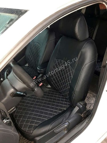 Авточехлы  Volkswagen Polo Фольцваген Поло седан 1/1 2010-2020г экокожа черная синяя нить Ромб    фото 5