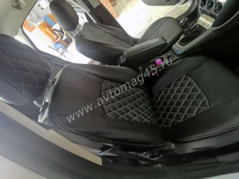 Авточехлы  Ford Focus 3 Форд Фокус 3 Trend экокожа черная серая нить ромб    фото 3