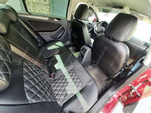 Авточехлы  Volkswagen Jetta Джетта 2010-2019г 6 поколение экокожа черная красная нить ромб    фото 6