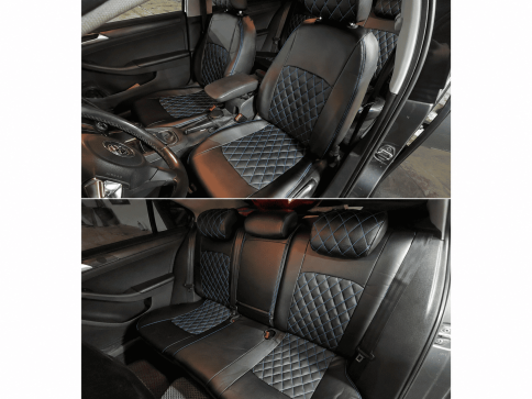 Авточехлы  Volkswagen Jetta Джетта 2010-2019г 6 поколение экокожа черная ромб син.нитка фото 8