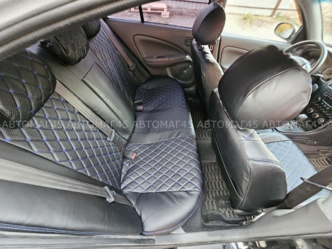 Авточехлы  Nissan Almera classic Ниссан Альмера классик 2006-2013г экокожа черный ромб синяя нить    фото 9