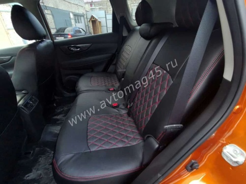 Авточехлы  Nissan X-Trail Ниссан Х-Трейл 2007-2014г кузов T31 экокожа черная красная нить ромб    фото 9