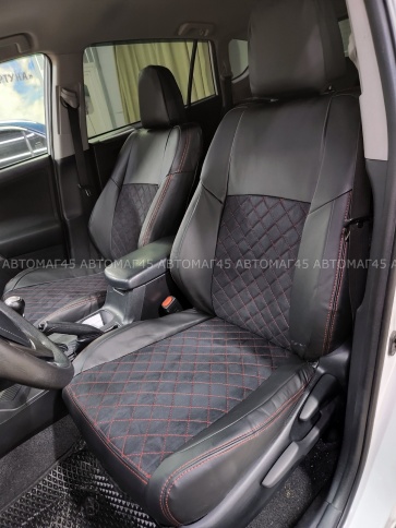 Авточехлы  Toyota RAV4 Тойота Рав4 2018-2025г XA50 экокожа алькантара черная красная нить ромб    фото 1