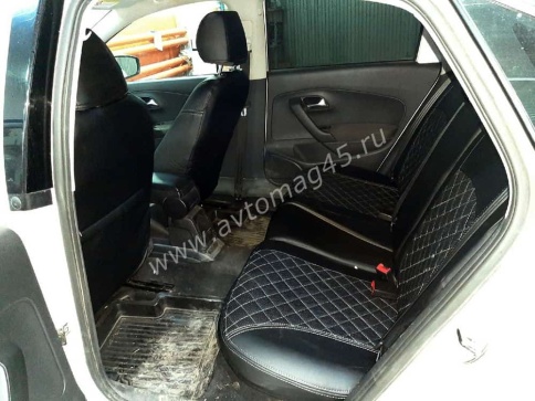 Авточехлы  Volkswagen Polo Фольцваген Поло седан 1/1 2010-2020г экокожа черная синяя нить Ромб    фото 6