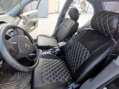 Авточехлы  Nissan Almera Ниссан Альмера 2000-2006г кузов N16 2/3 экокожа черная серая нить ромб    фото 2
