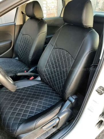 Авточехлы  Volkswagen Polo Фольцваген Поло седан 1/1 2010-2020г экокожа черная синяя нить Ромб    фото 13