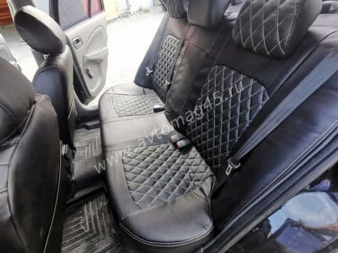 Авточехлы  Nissan Almera Ниссан Альмера 2000-2006г кузов N16 2/3 экокожа черная серая нить ромб    фото 6