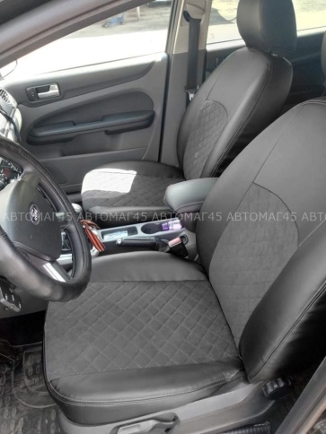 Авточехлы  Ford Focus 2 Форд Фокус 2 экокожа алькантара черная серая нить ромб    фото 7