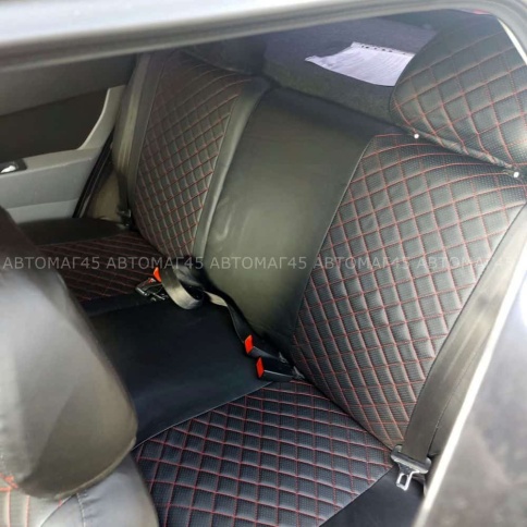 Авточехлы  ВАЗ 2111 2112 Приора хэтчбек до 2014г экокожа черная с красной ниткой ромб Барс   фото 3