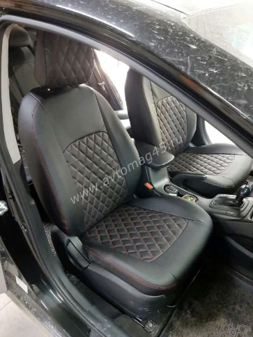 Авточехлы  Kia Cerato Киа Серато 2013-2020г 3 поколение экокожа черная красная нить ромб Динас    фото 5