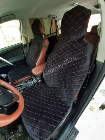 Автотренд  Накидки на сиденье на силиконе без боков велюр черный c красной ниткой 2шт фото 1