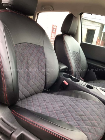 Авточехлы  Nissan Qashqai Ниссан Кашкай J11 2014-2022г экокожа алькантара черная серая нить ромб    фото 1