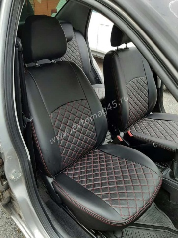 Авточехлы  Datsun Датсун 1/1 2/3 экокожа черная красная нить ромб    фото 9