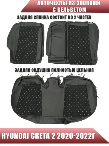 Авточехлы  Hyundai Creta 2 Хендай Крета 2 2020-2022г экокожа вельвет черная бежевая нить ромб     фото 2