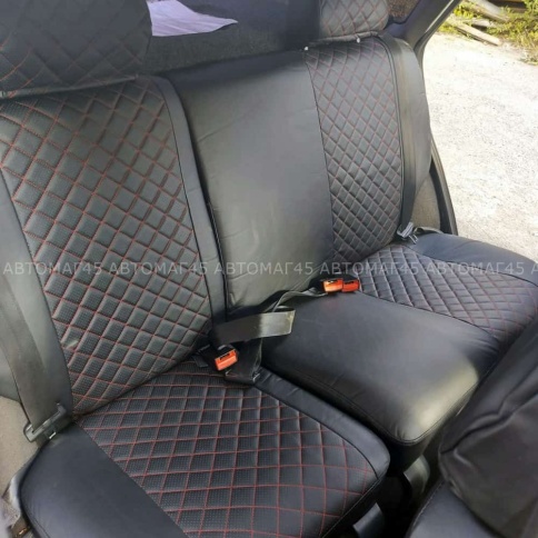 Авточехлы  ВАЗ 2111 2112 Приора хэтчбек до 2014г экокожа черная с красной ниткой ромб Барс   фото 5