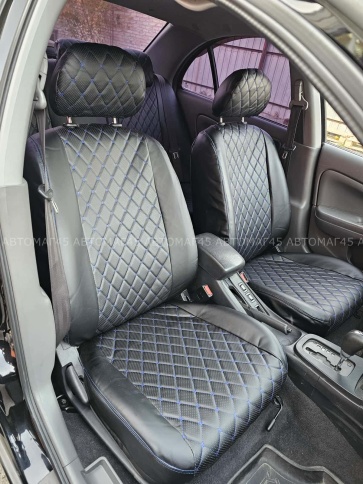Авточехлы  Nissan Almera classic Ниссан Альмера классик 2006-2013г экокожа черный ромб синяя нить    фото 6