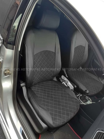 Авточехлы  Volkswagen Polo Поло седан 1/1 2010-2020г экокожа алькантара черная серая нить ромб    фото 1