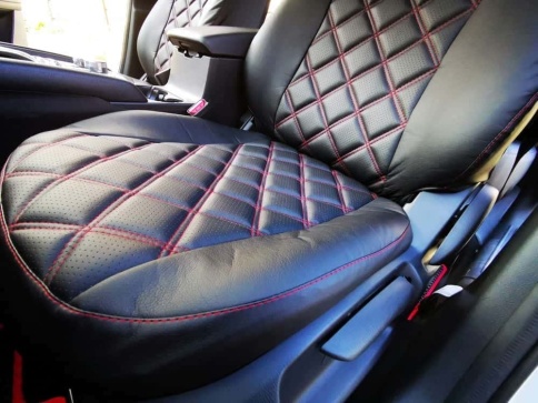 Авточехлы  Mazda CX-5 Мазда СХ-5 низ 3/3 верх 3/3 экокожа черная красная нить ромб    фото 9