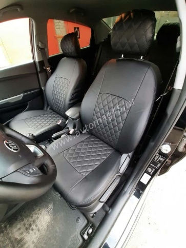 Авточехлы  Kia Rio Киа Рио 2011-2017г Hyundai Solaris 2011-2017г экокожа черная серая нить ромб    фото 9